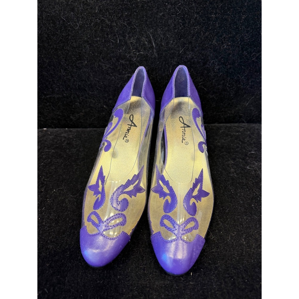 Annie Purple Clear Vinyl Scroll Embroidery Low Block Heel Pumps Womens‎ 7.5W